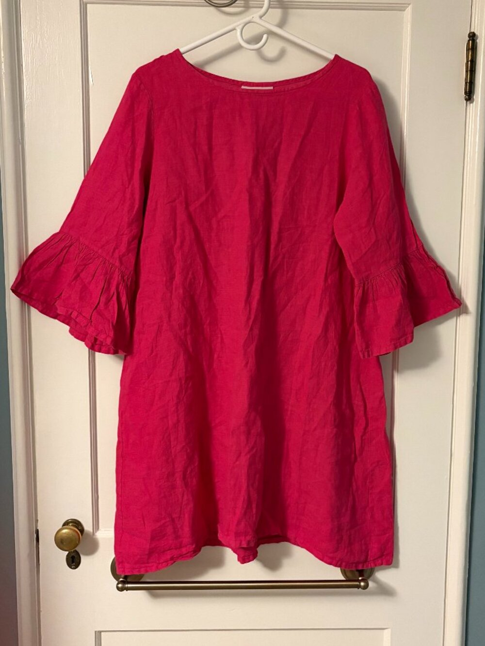 Bryn Walker Phryne Light Linen Shift Dress 3/4 ruffled bell sleeve pink sz small